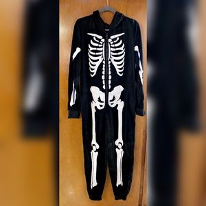 black microfleece onesie with white skelet…